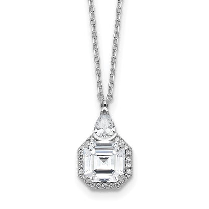 Sterling Silver Rhodium-Plated CZ Solitaire Halo Teardrop Necklace