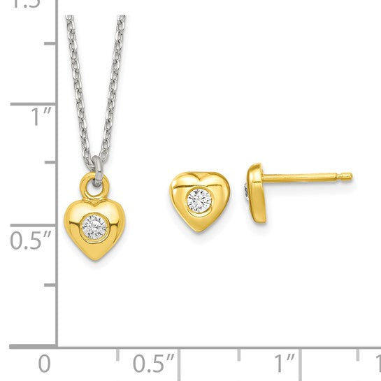 Sterling Silver & Gold-Plated CZ Heart Necklace & Post Earring Set