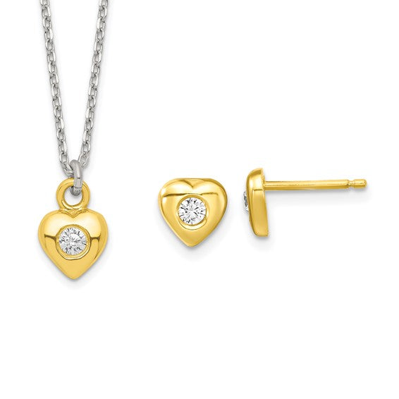 Sterling Silver & Gold-Plated CZ Heart Necklace & Post Earring Set