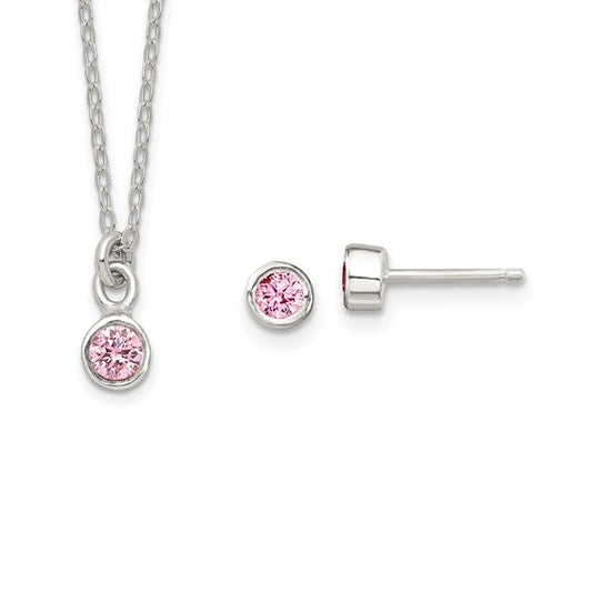 Sterling Silver Pink Bezel-Set Necklace & Post Earring Set