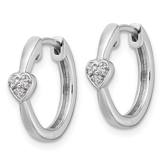 Sterling Silver Rhodium-Plated Diamond Heart Huggie Earrings