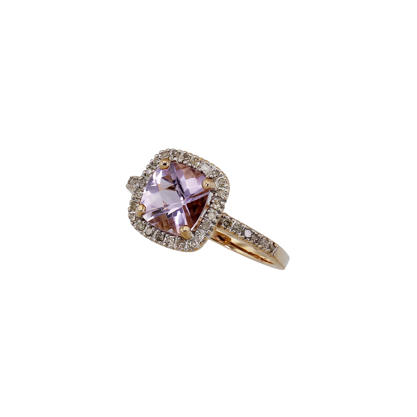 14k Rose Gold Cushion-Cut Pink Quartz Halo Diamond Ring