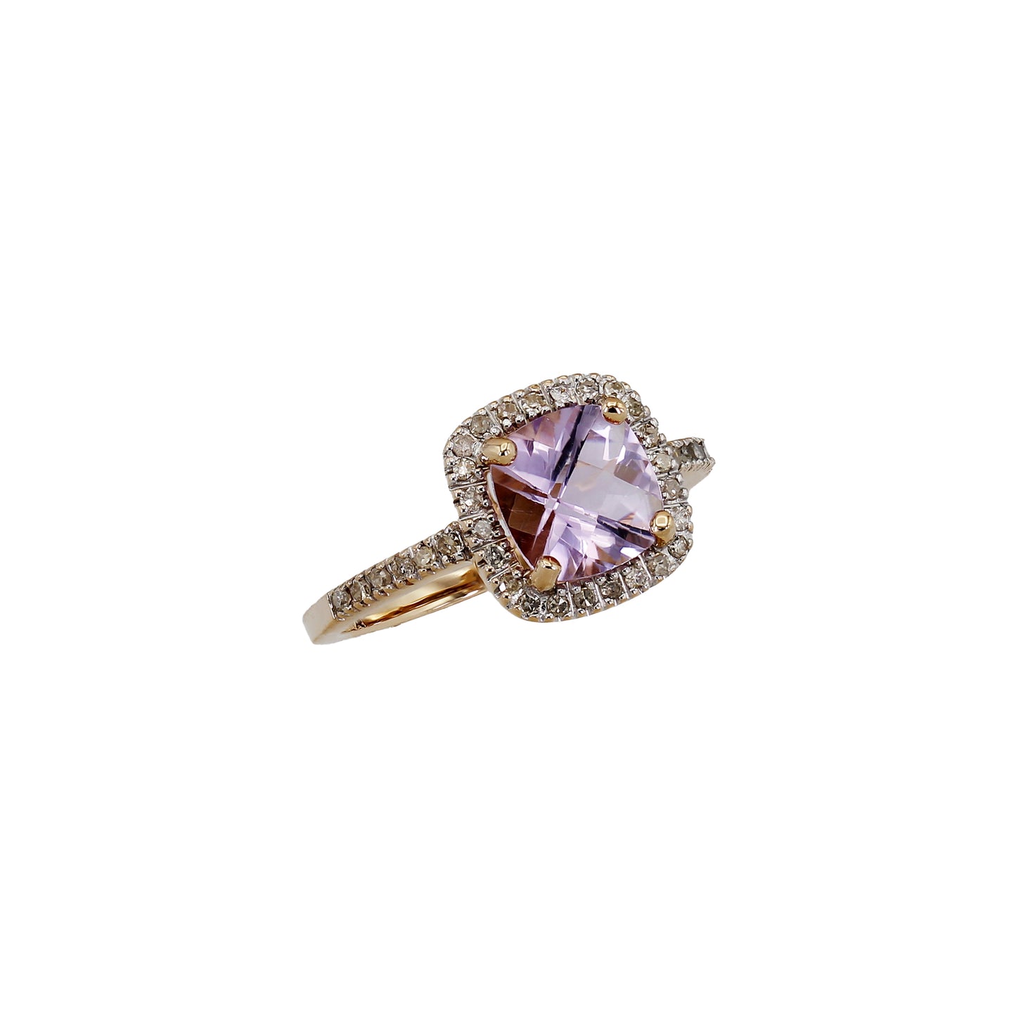 14k Rose Gold Cushion-Cut Pink Quartz Halo Diamond Ring