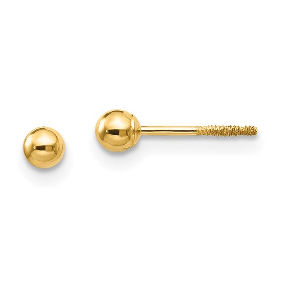 14k Yellow Gold Polished Ball Screwback Post Earrings - 3mm