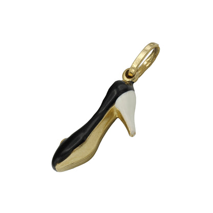 14k Yellow Gold Black & White Enameled High Heels Shoe Pendant