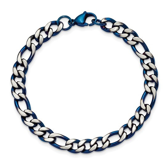 Stainless Steel Brushed & Polished Blue IP-Plated 8.5 Inch Bracelet - 7.5mm