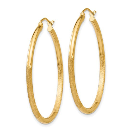 14k Yellow Gold Satin and Diamond-Cut 35 mm Hoop Earrings