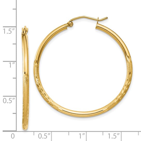 14k Yellow Gold Satin and Diamond-Cut 35 mm Hoop Earrings