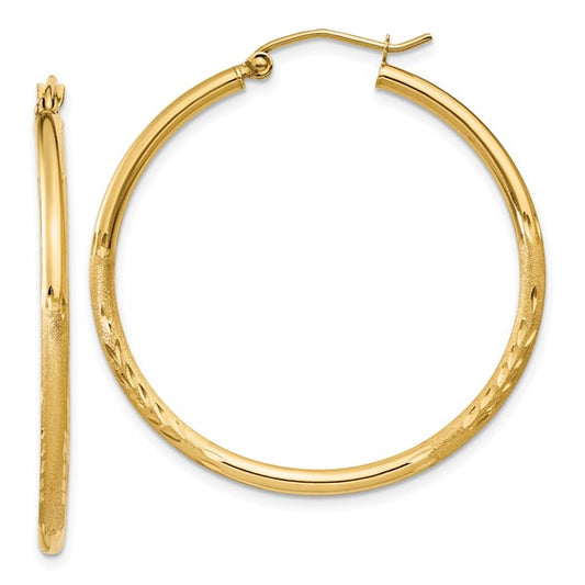 14k Yellow Gold Satin and Diamond-Cut 35 mm Hoop Earrings