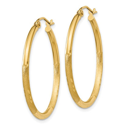 14k Yellow Gold Satin and Diamond-Cut 30 mm Hoop Earrings