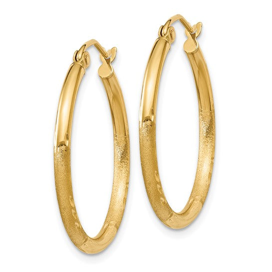 14k Yellow Gold Satin and Diamond-Cut 25 mm Hoop Earrings
