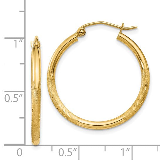 14k Yellow Gold Satin and Diamond-Cut 25 mm Hoop Earrings
