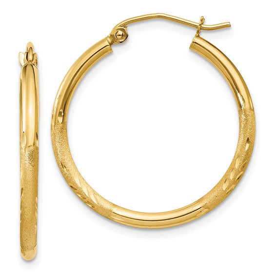 14k Yellow Gold Satin and Diamond-Cut 25 mm Hoop Earrings