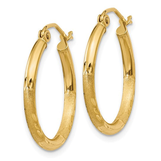 14k Yellow Gold Satin and Diamond-Cut 20 mm Hoop Earrings