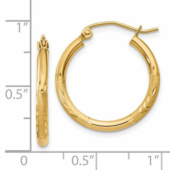 14k Yellow Gold Satin and Diamond-Cut 20 mm Hoop Earrings