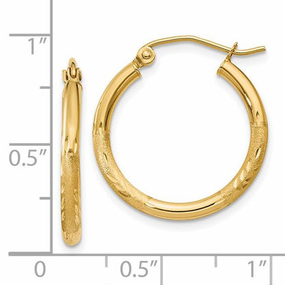 14k Yellow Gold Satin and Diamond-Cut 20 mm Hoop Earrings