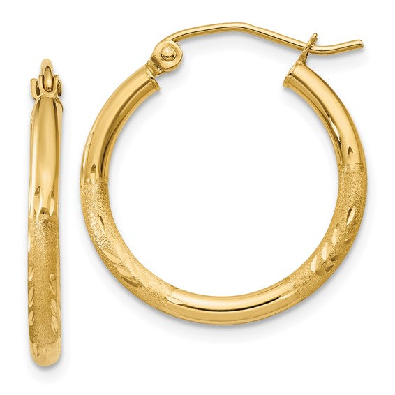 14k Yellow Gold Satin and Diamond-Cut 20 mm Hoop Earrings