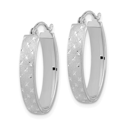 14k White Gold Polished Satin Diamond-Cut Oval Hoop Earrings - 22.5 x 15 mm