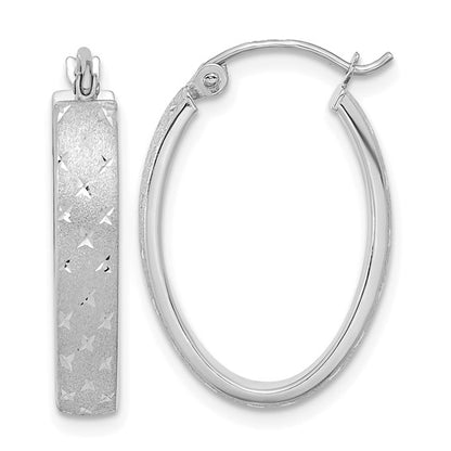 14k White Gold Polished Satin Diamond-Cut Oval Hoop Earrings - 22.5 x 15 mm