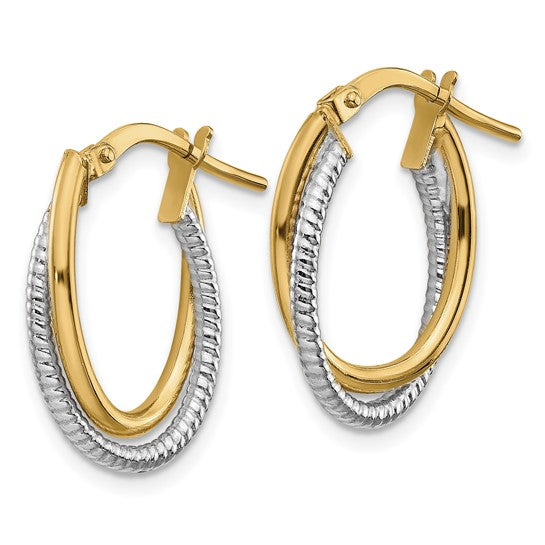 14k Two-Tone Gold Polished Textured Double Oval Hoop Earrings -