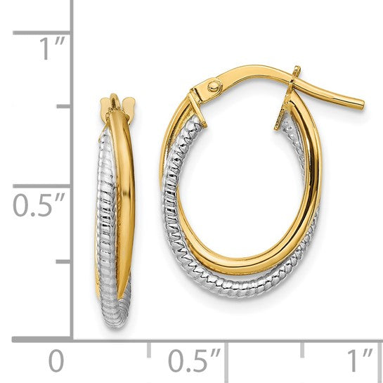 14k Two-Tone Gold Polished Textured Double Oval Hoop Earrings -