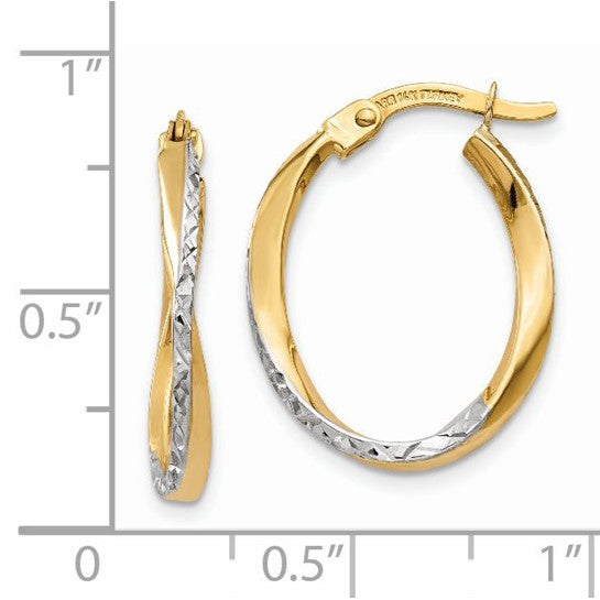 14k Two-Tone Gold Polished Textured Oval Hoop Earrings