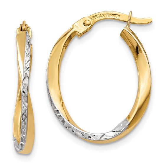 14k Two-Tone Gold Polished Textured Oval Hoop Earrings