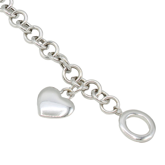 14k White Gold Dangling Heart Charm Bracelet w/ Toggle Lock