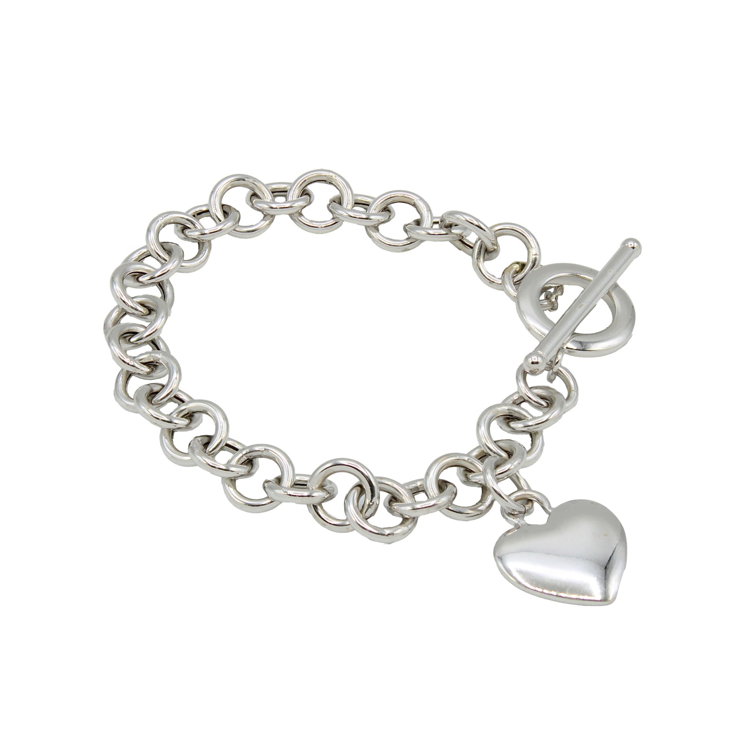 14k White Gold Dangling Heart Charm Bracelet w/ Toggle Lock