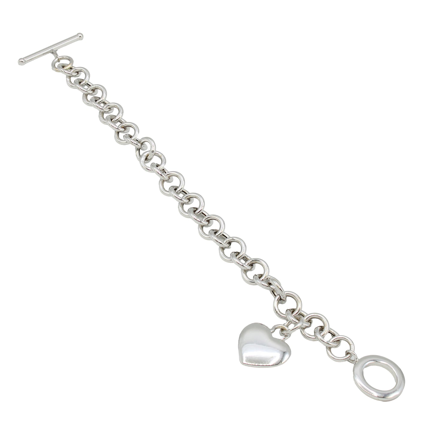 14k White Gold Dangling Heart Charm Bracelet w/ Toggle Lock