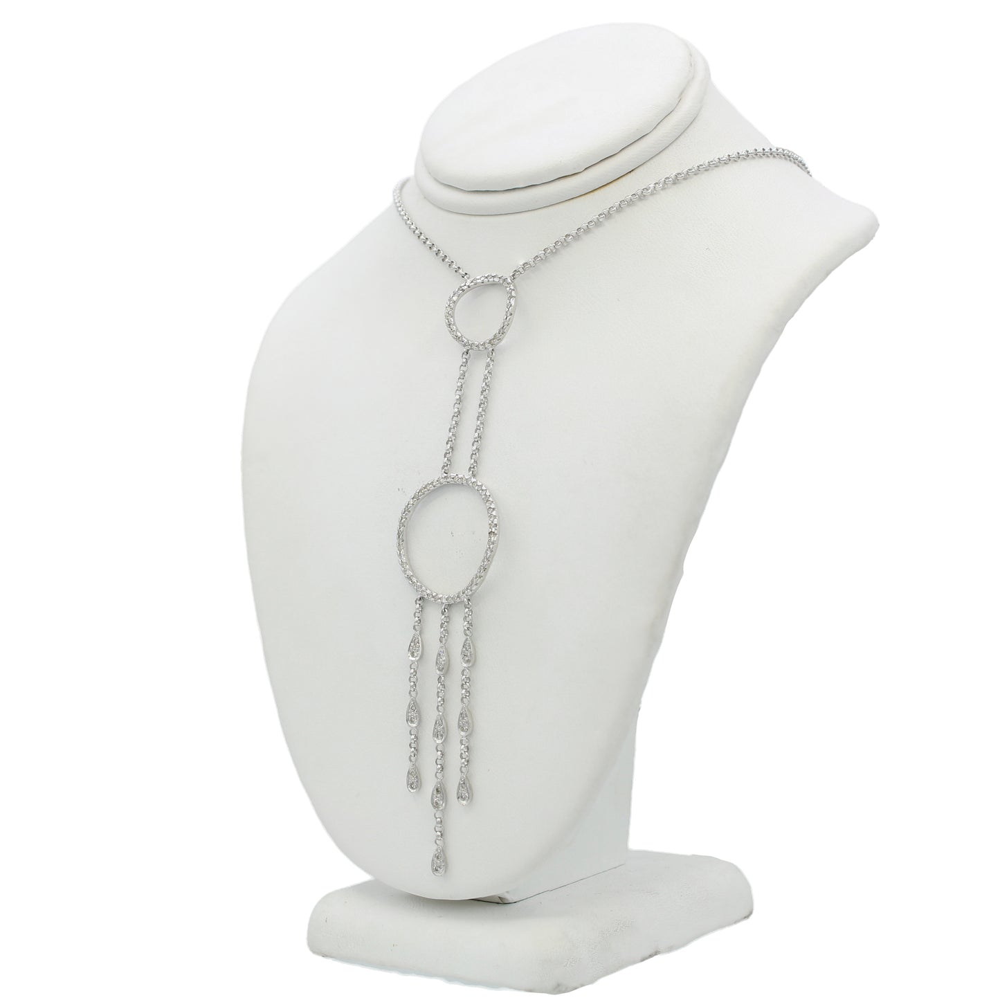 14k White Gold Diamond Circle Tassel Drop Necklace