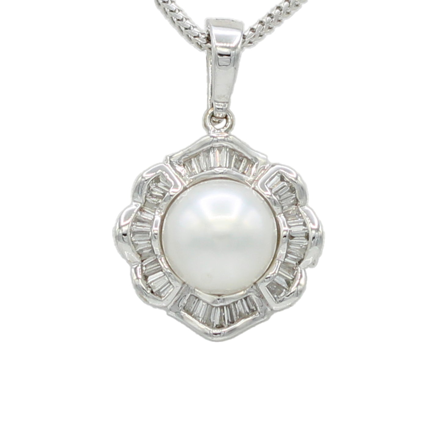 14k White Gold Baguette Diamond & Cultured Pearl Pendant