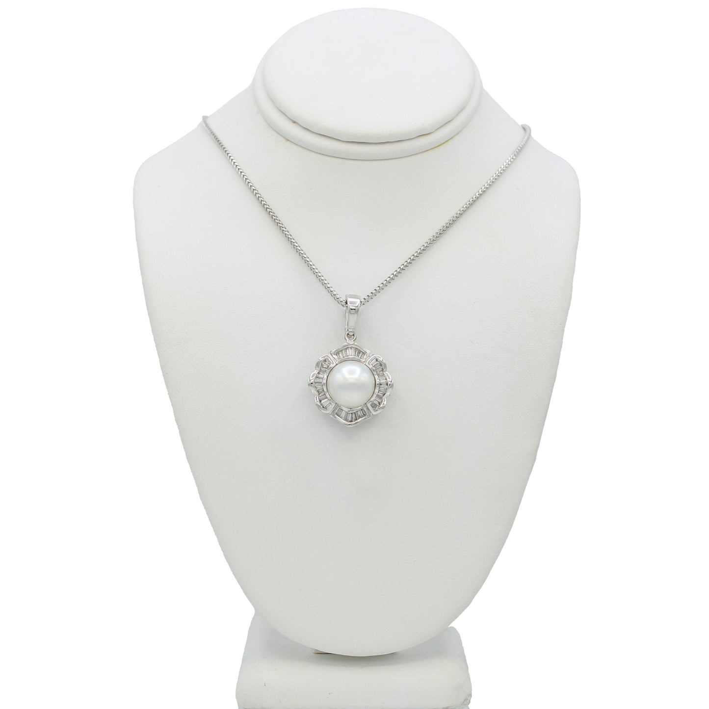 14k White Gold Baguette Diamond & Cultured Pearl Pendant