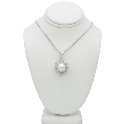 14k White Gold Baguette Diamond & Cultured Pearl Pendant