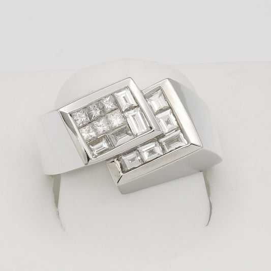 18k White Gold Men's Princess-Cut w/ Baguette Invisible Set Double Rectangle Diamond Ring
