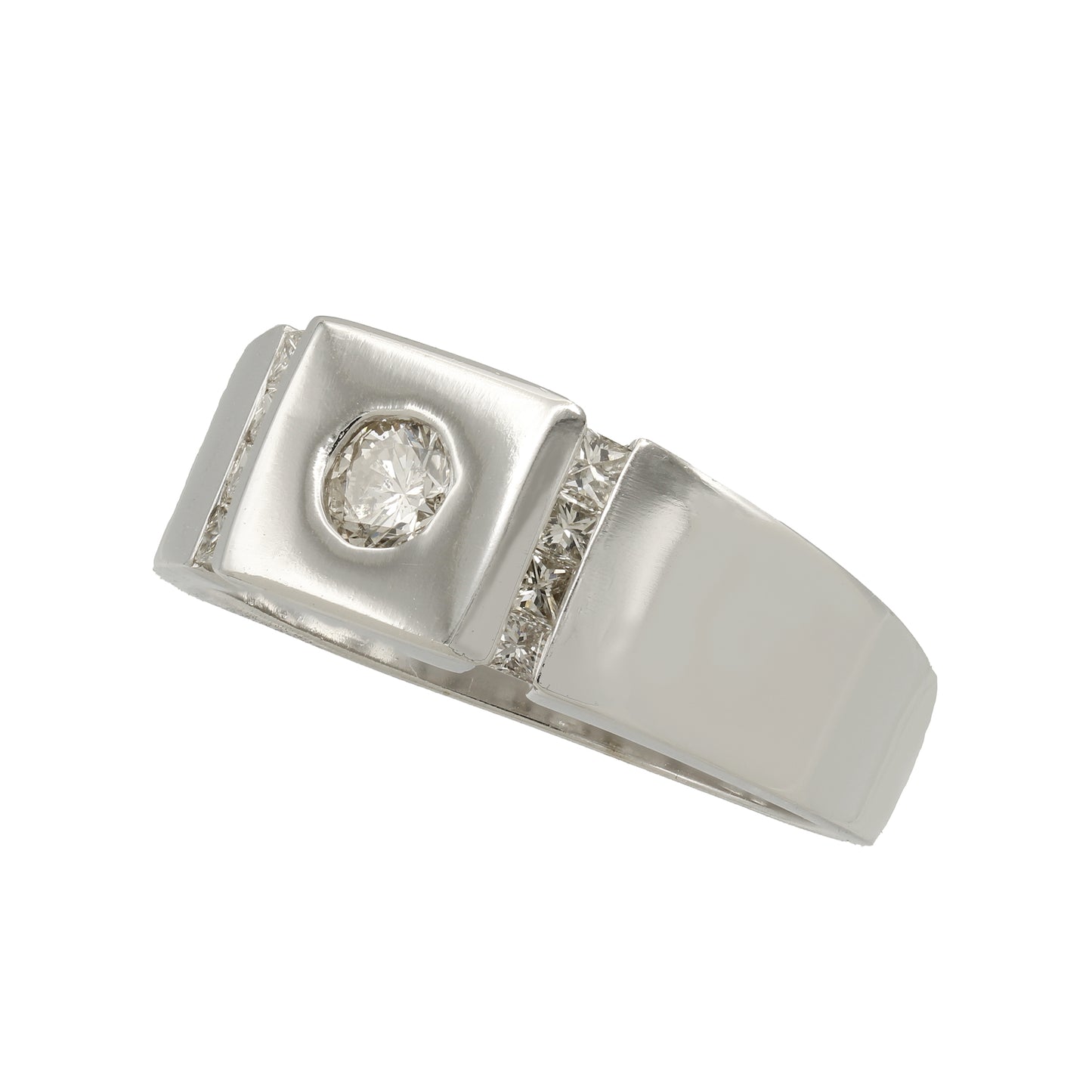 14k White Gold Men's Round-Cut Solitaire w/ Princess-Cut Accent Diamond Ring