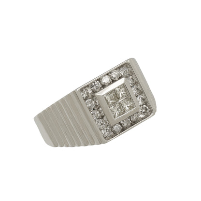 14k White Gold Men's Princess-Cut Invisible Setting w/ Round-Cut Accent Stones Diamond Ring