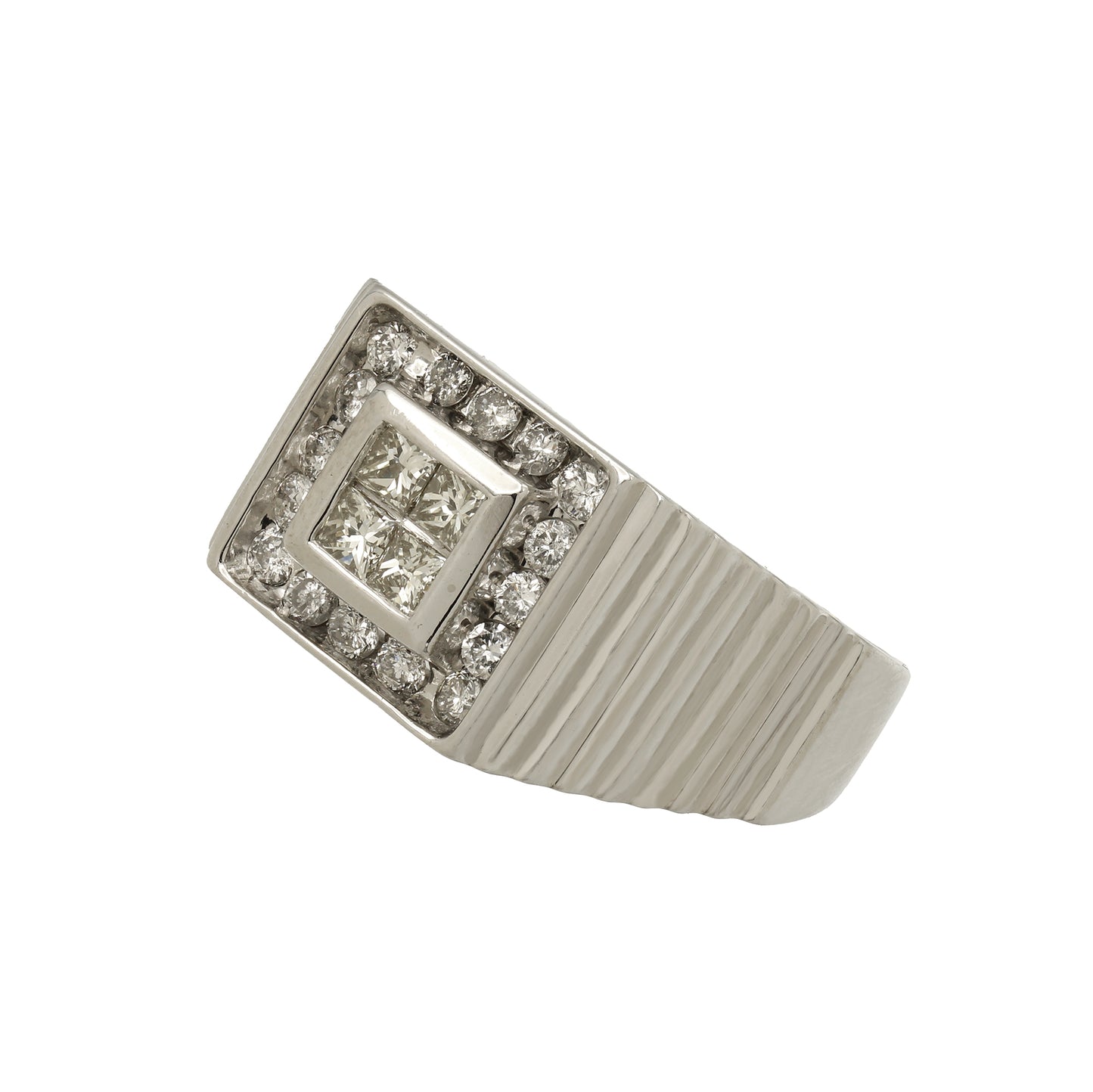 14k White Gold Men's Princess-Cut Invisible Setting w/ Round-Cut Accent Stones Diamond Ring