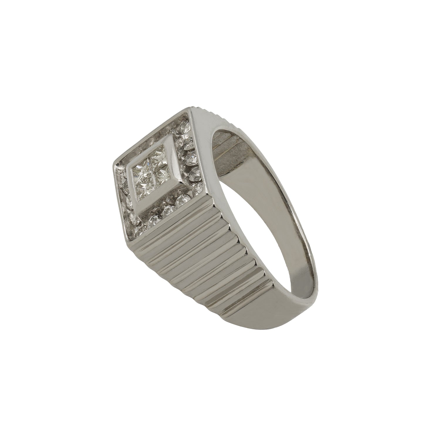 14k White Gold Men's Princess-Cut Invisible Setting w/ Round-Cut Accent Stones Diamond Ring