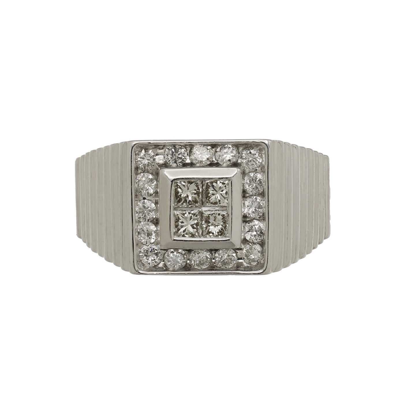 14k White Gold Men's Princess-Cut Invisible Setting w/ Round-Cut Accent Stones Diamond Ring