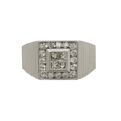 14k White Gold Men's Princess-Cut Invisible Setting w/ Round-Cut Accent Stones Diamond Ring