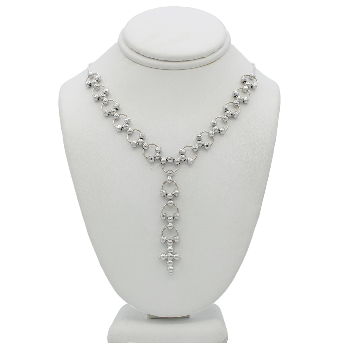 14k White Gold Diamond-Cut Beaded Circle Drop Cross Necklace