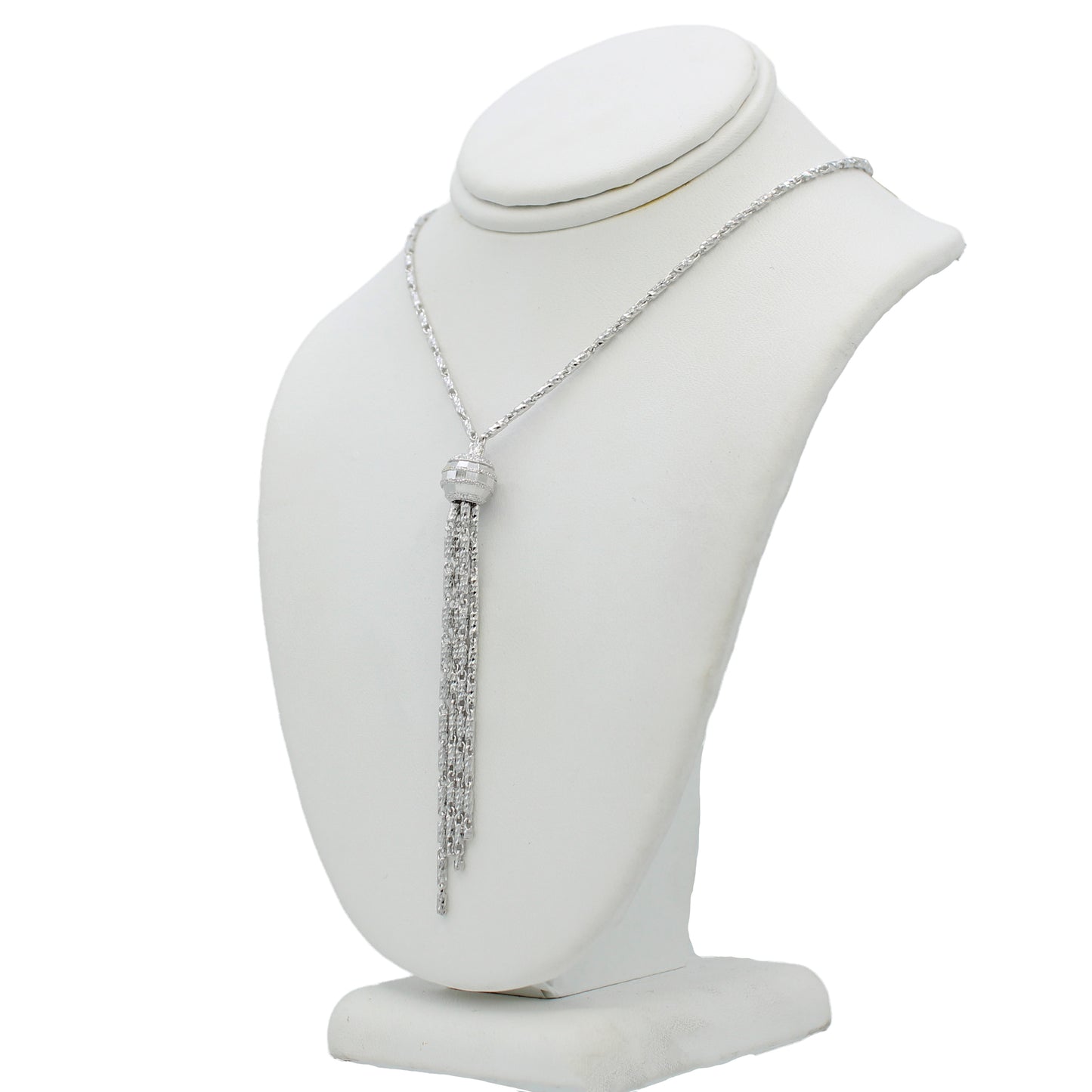 14k White Gold Diamond-Cut Beaded Tassel Drop Necklace