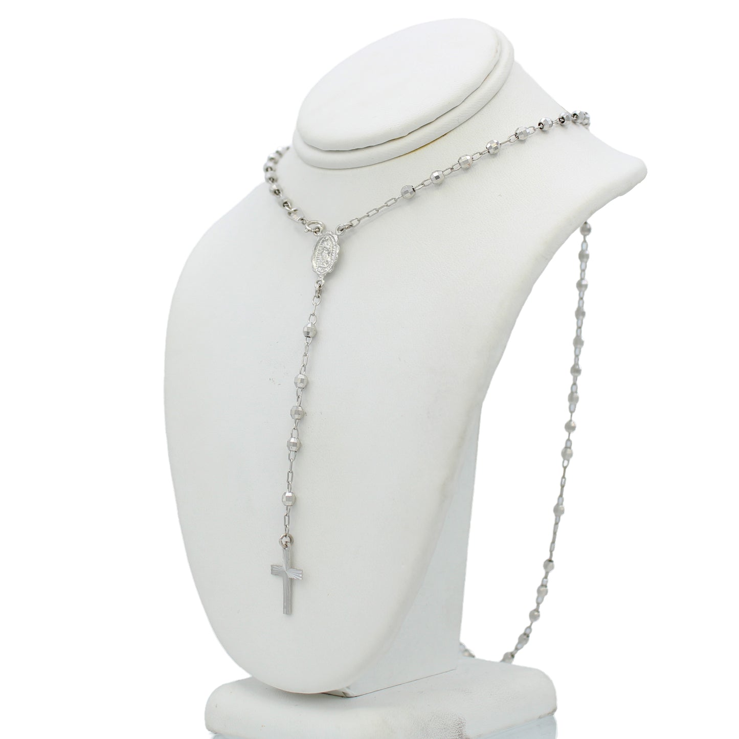 14k White Gold Beaded Rosary Necklace