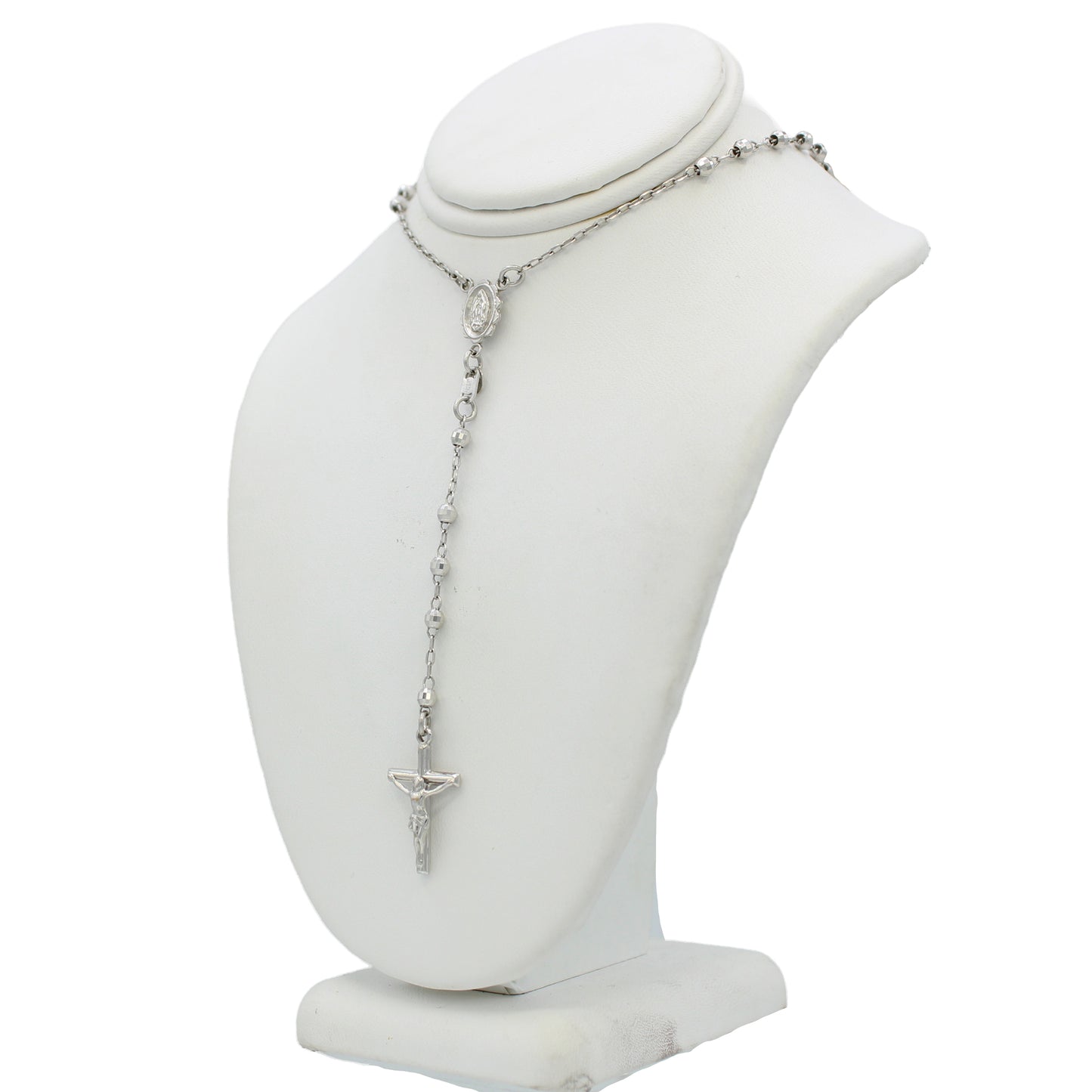 14k White Gold Beaded Rosary Necklace