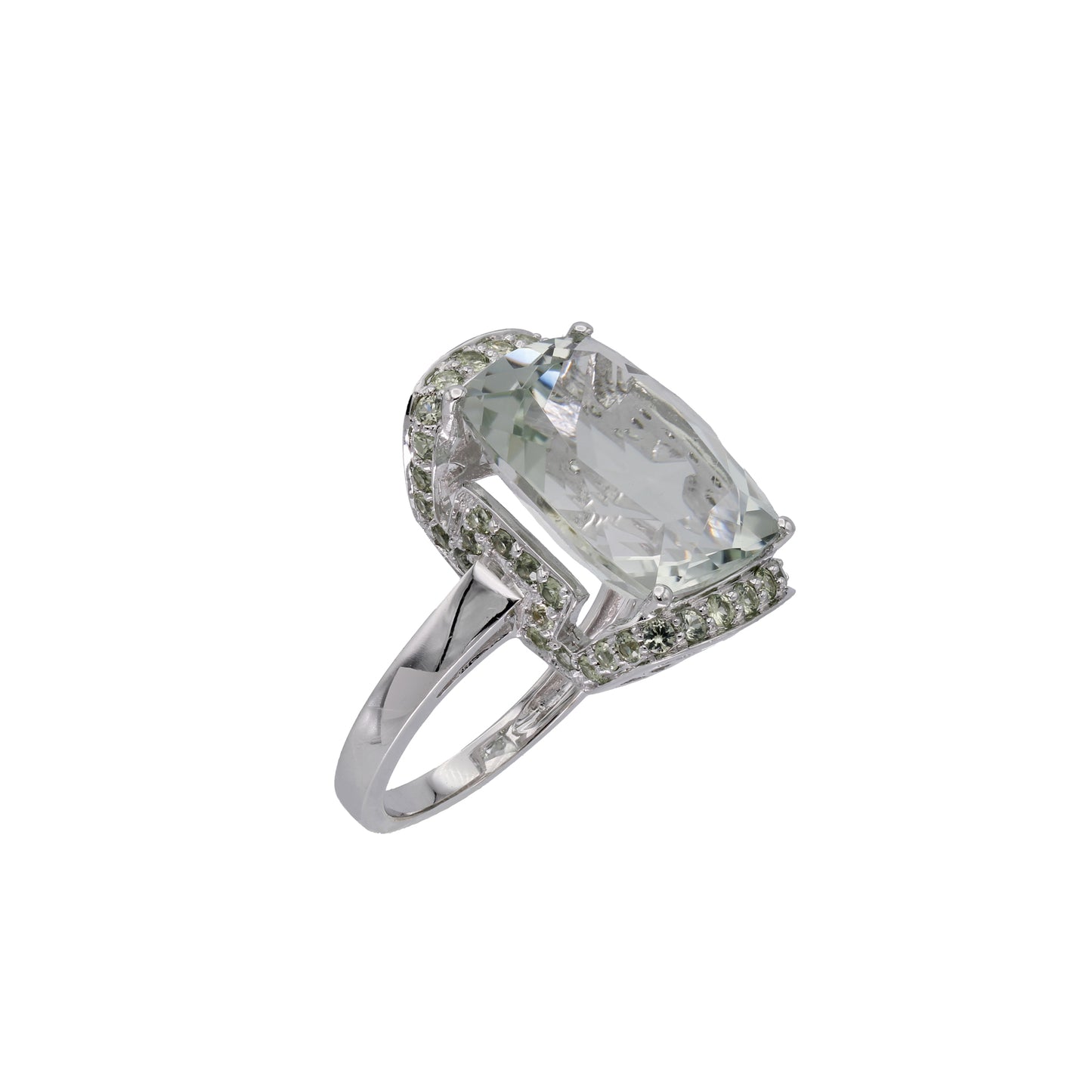 14k White Gold Briolette-Cut Rectangle Shape Light Green Quartz Ring