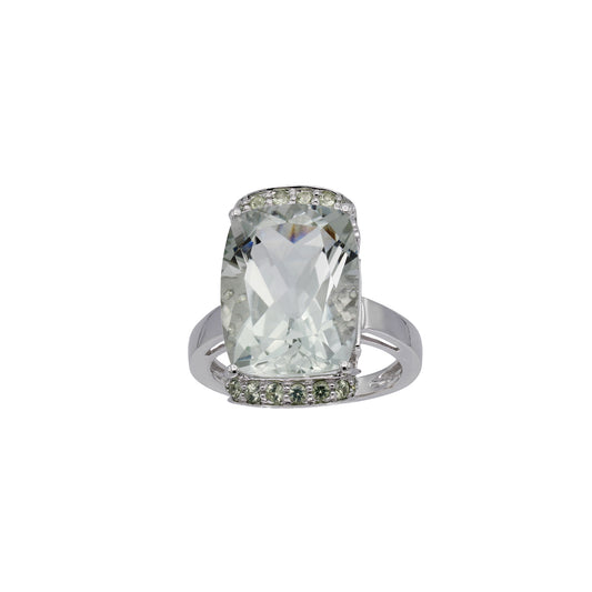 14k White Gold Briolette-Cut Rectangle Shape Light Green Quartz Ring