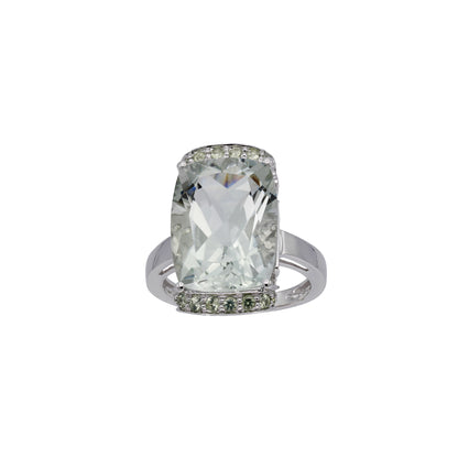 14k White Gold Elongated Cushion-Cut Shape Light Green Quartz Ring
