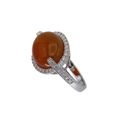 14k White Gold Oval Cabochon Orange/Brown Chalcedony & Diamond Ring