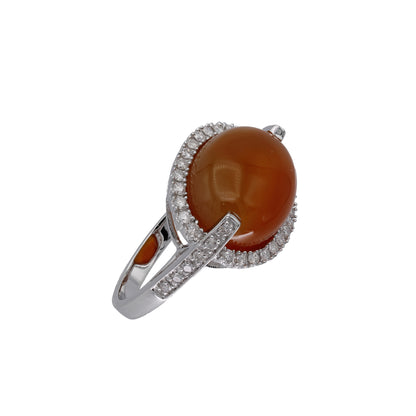 14k White Gold Oval Cabochon Orange/Brown Chalcedony & Diamond Ring